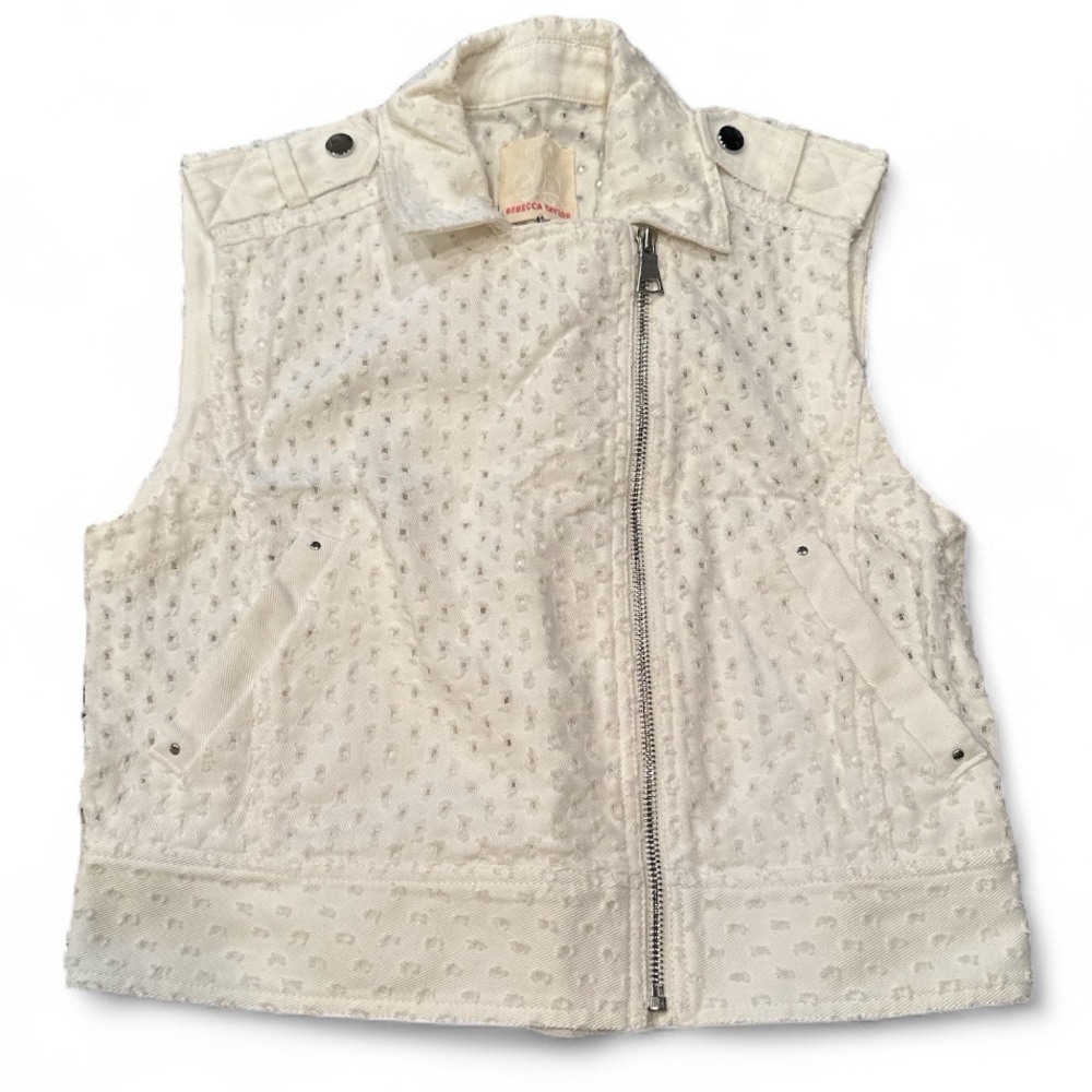 Rebecca Taylor White Moto Vest Cotton Eyelet Boho Coastal Chic Asymmetrical 2